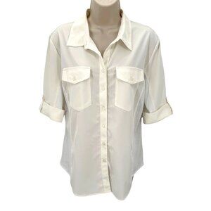 Lucy Womens White Button-Up Shirt With Roll Tab Sleeves & Chest Pockets Size L